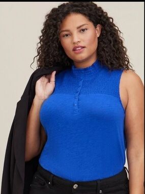 Torrid Heritage Slub Smocked Yoke Henley Tank Top Blue Size large